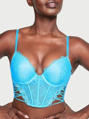 Victoria's Secret Bright Blue Lace Longline Bustier Bra size 34DD